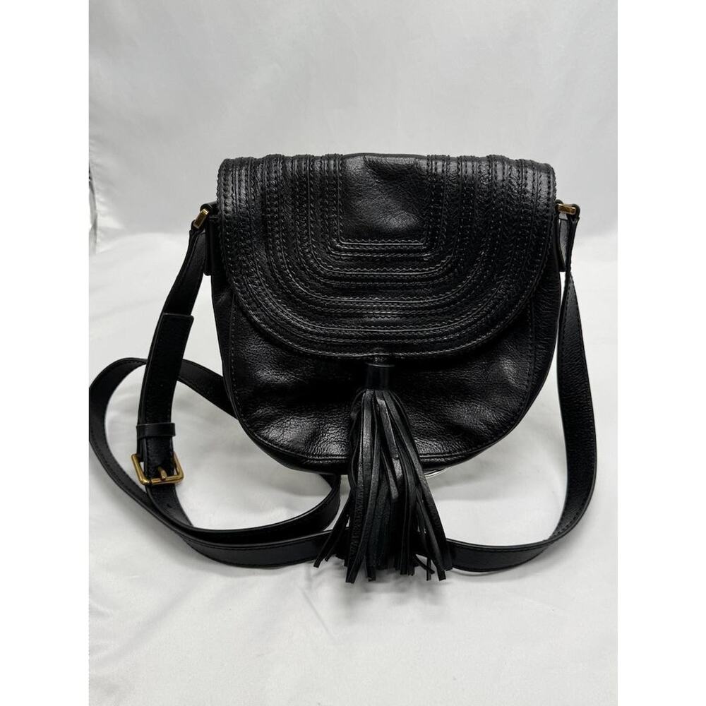 Fossil Crossbody Bag Womens Medium Black Leather Saddle Tassel Flap Purse Boho - Picture 2 of 10
